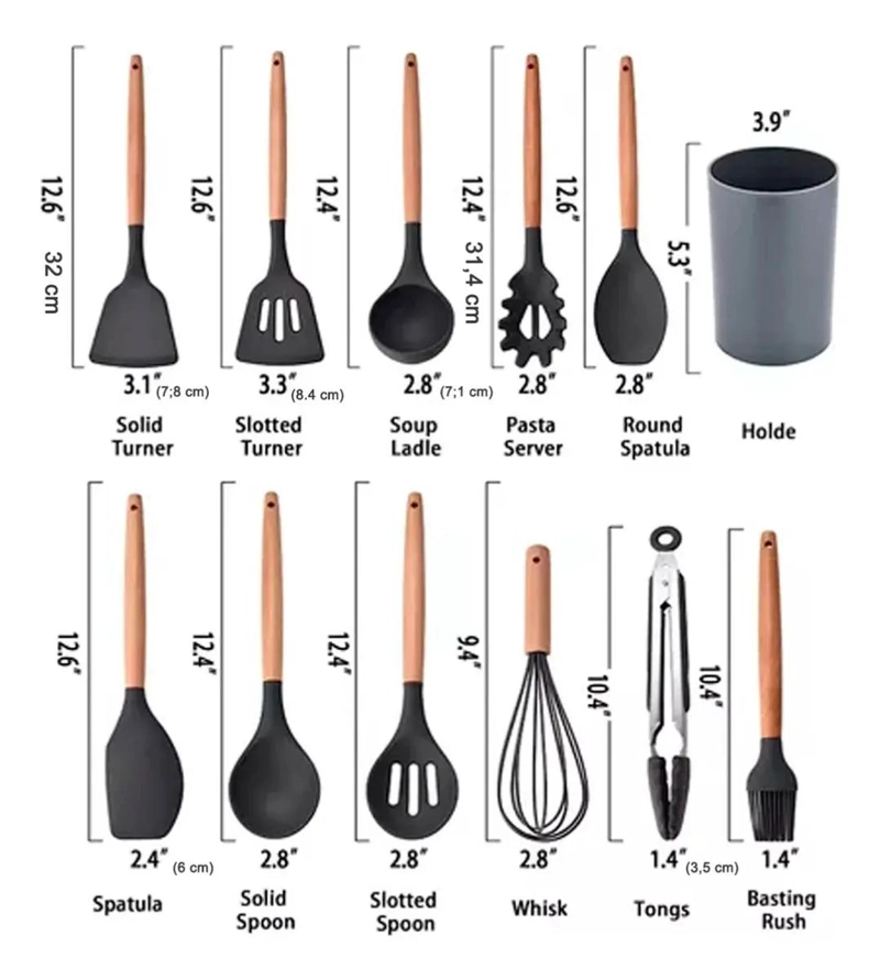 SET DE 12 UTENSILIOS DE COCINA CON MANGO DE MADERA Y SILICONA ANTIADHERENTE - 2