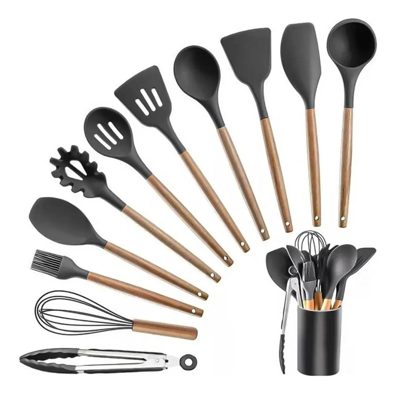 SET DE 12 UTENSILIOS DE COCINA CON MANGO DE MADERA Y SILICONA ANTIADHERENTE - 3
