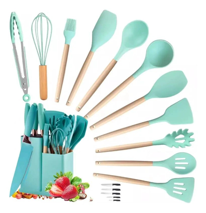 JUEGO DE UTENSILIOS DE COCINA DE SILICONA Y MADERA 19 PIEZAS - 1