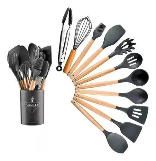 SET COMPLETO DE 12 UTENSILIOS DE COCINA CON MANGO DE SILICONA Y MADERA PARA REPA - 1
