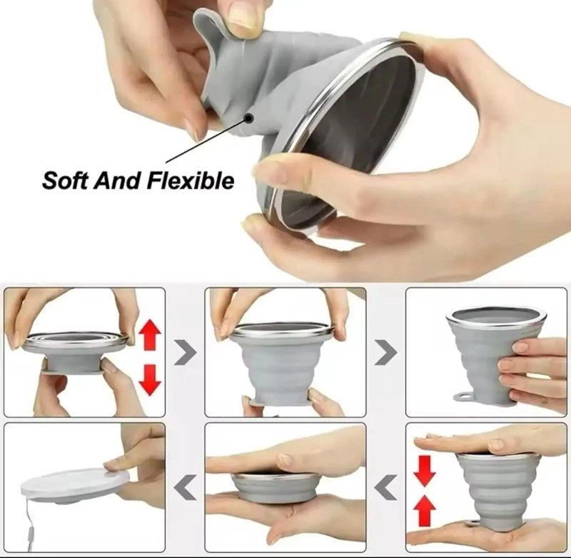 VASO PORTATIL PLEGABLE DE SILICONA CON TAPA PARA CAMPING Y VIAJES - 4