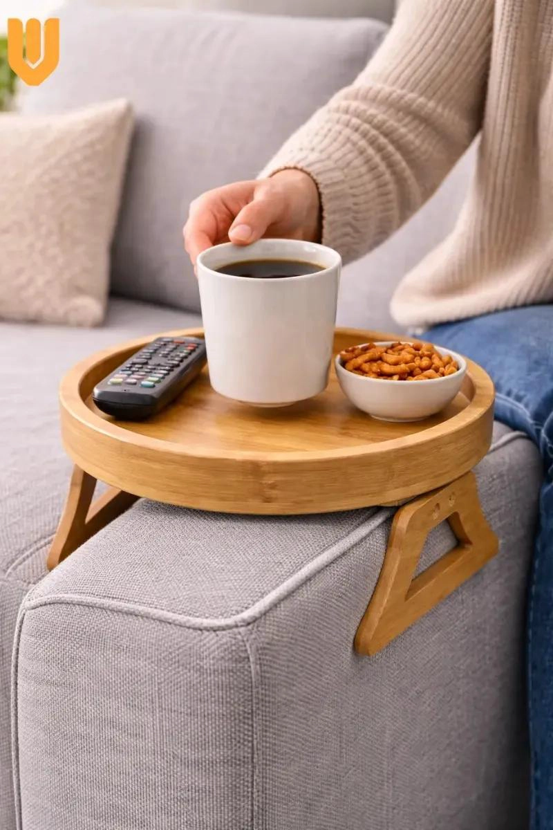 BANDEJA PARA SOFA CON PORTA VASOS ANTIDESLIZANTE DE BAMBU - 5