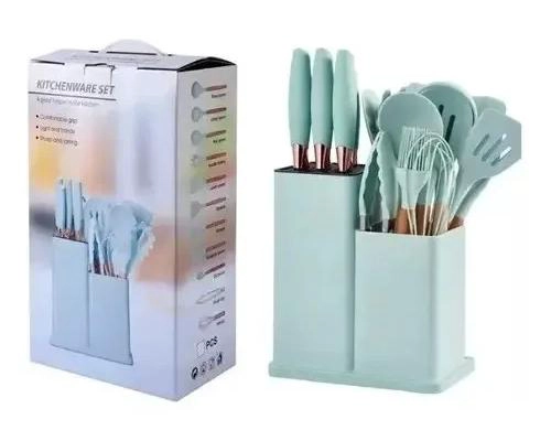JUEGO DE UTENSILIOS DE COCINA DE SILICONA CON SOPORTE DE MADERA - 1