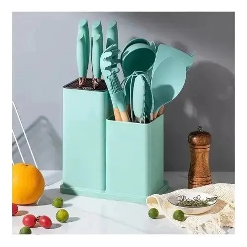 JUEGO DE UTENSILIOS DE COCINA DE SILICONA CON SOPORTE DE MADERA - 2