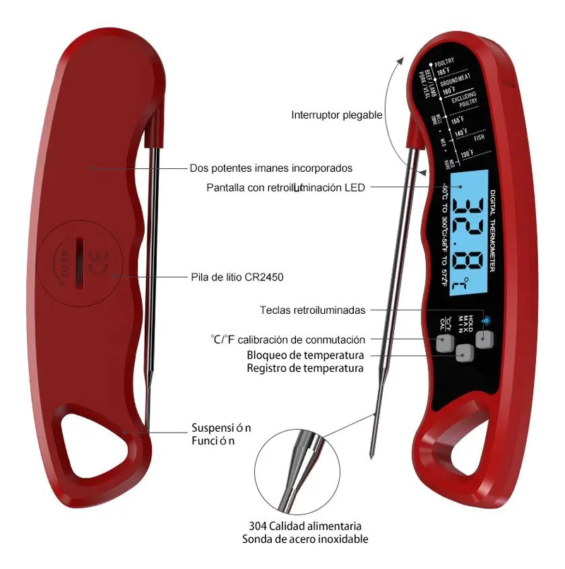 TERMOMETRO DIGITAL PARA CARNES CON SONDA Y RANGO DE -50 A 300 GRADOS CELSIUS - 5