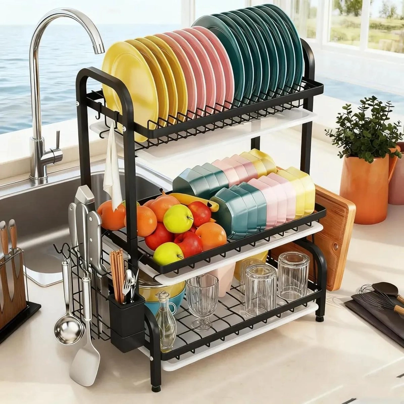 ESCURRIDOR DE PLATOS CON 3 NIVELES Y ORGANIZADOR INTEGRADO PARA COCINA - 2