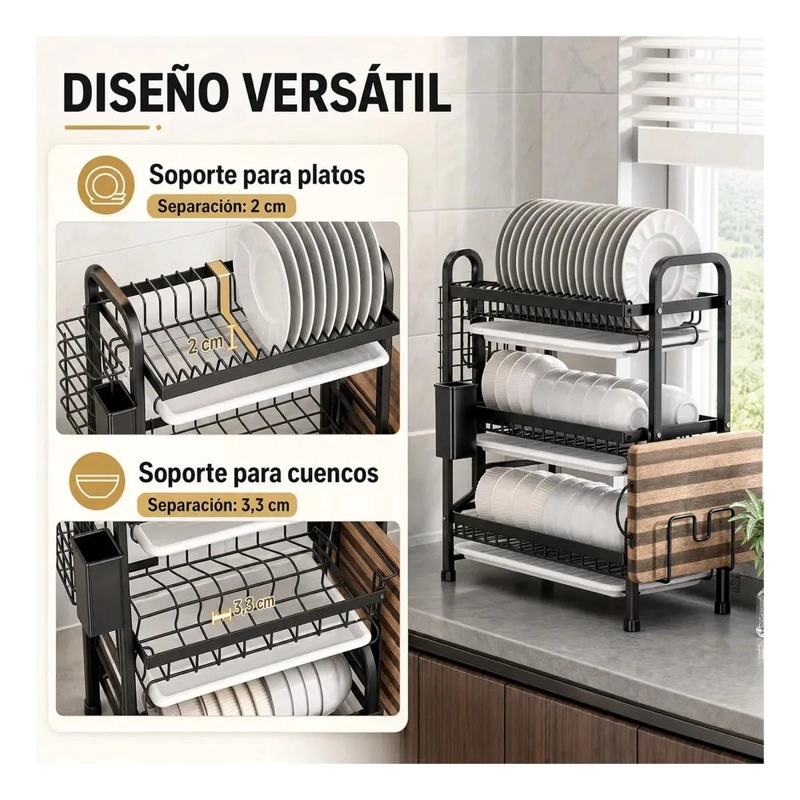 ESCURRIDOR DE PLATOS CON 3 NIVELES Y ORGANIZADOR INTEGRADO PARA COCINA - 3