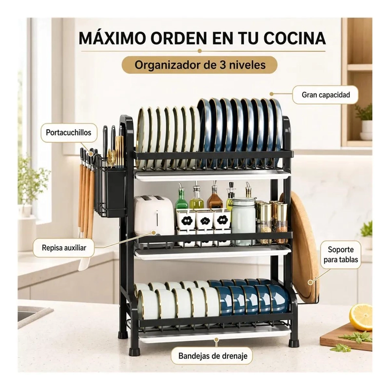 ESCURRIDOR DE PLATOS CON 3 NIVELES Y ORGANIZADOR INTEGRADO PARA COCINA - 4