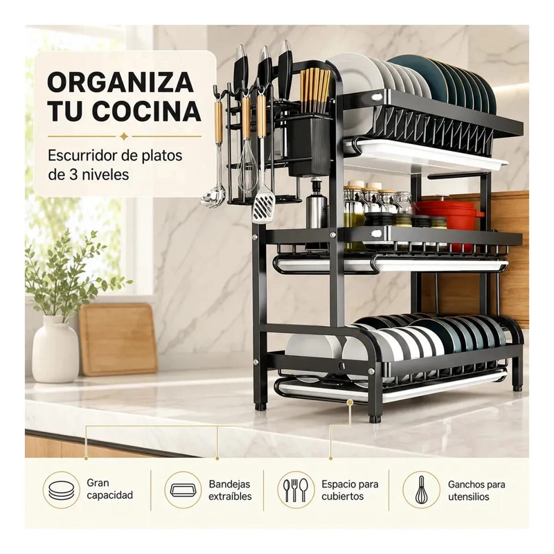 ESCURRIDOR DE PLATOS CON 3 NIVELES Y ORGANIZADOR INTEGRADO PARA COCINA - 5