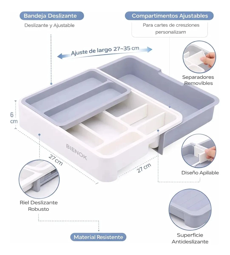 BANDEJA ORGANIZADORA EXTENSIBLE PARA CUBIERTOS EN CAJONES COLOR GRIS - 2