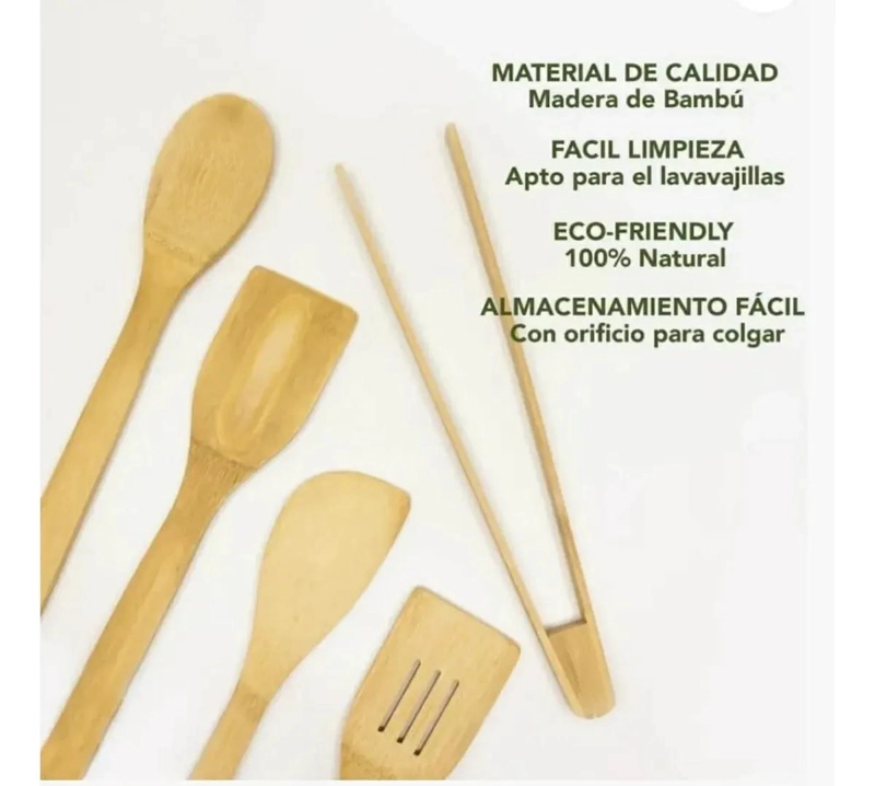 SET DE 7 UTENSILIOS DE BAMBU PARA COCINA CON ESPATULAS Y PINZAS - 3