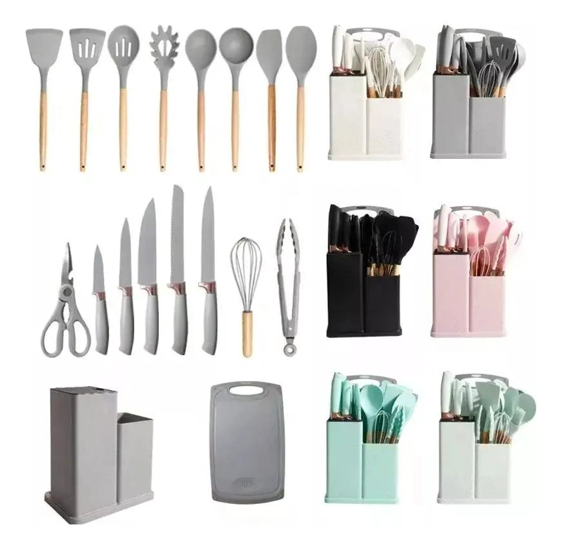 JUEGO DE UTENSILIOS DE COCINA DE SILICONA CON SOPORTE DE MADERA - 2
