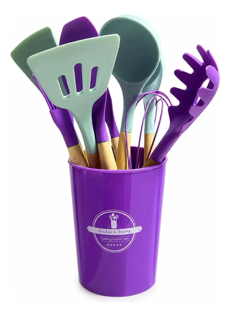 SET DE UTENSILIOS DE COCINA EN SILICONA Y MADERA PARA PREPARAR ALIMENTOS - 1
