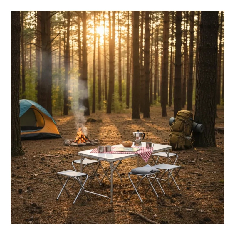 MESA PLEGABLE PORTATIL CON SILLAS INTEGRADAS PARA CAMPING Y ACTIVIDADES AL AIRE - 1