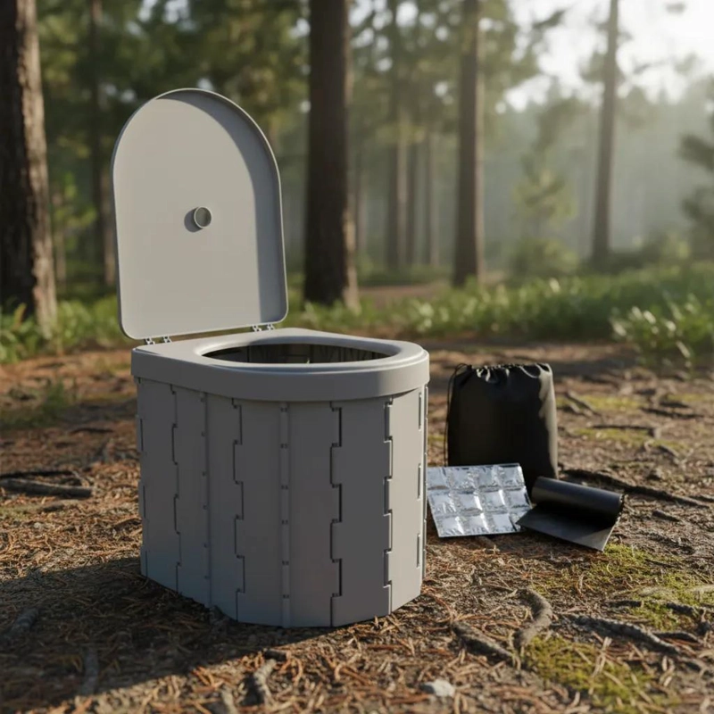 SILLA PLEGABLE PORTATIL PARA BAÑO Y CAMPING CON BOLSAS ENDURECEDORAS - 1