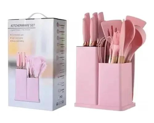 SET DE UTENSILIOS DE COCINA DE SILICONA CON SOPORTE DE MADERA - 1