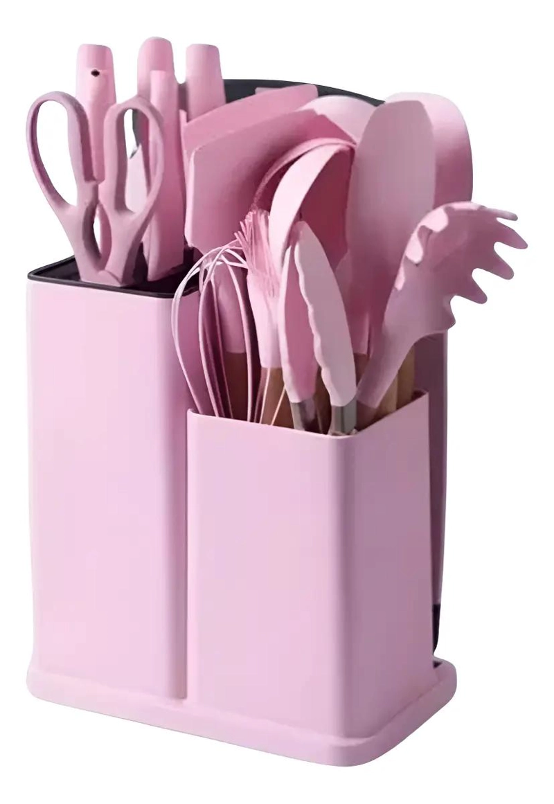 SET DE UTENSILIOS DE COCINA DE SILICONA CON 19 PIEZAS EN COLOR ROSA - 1