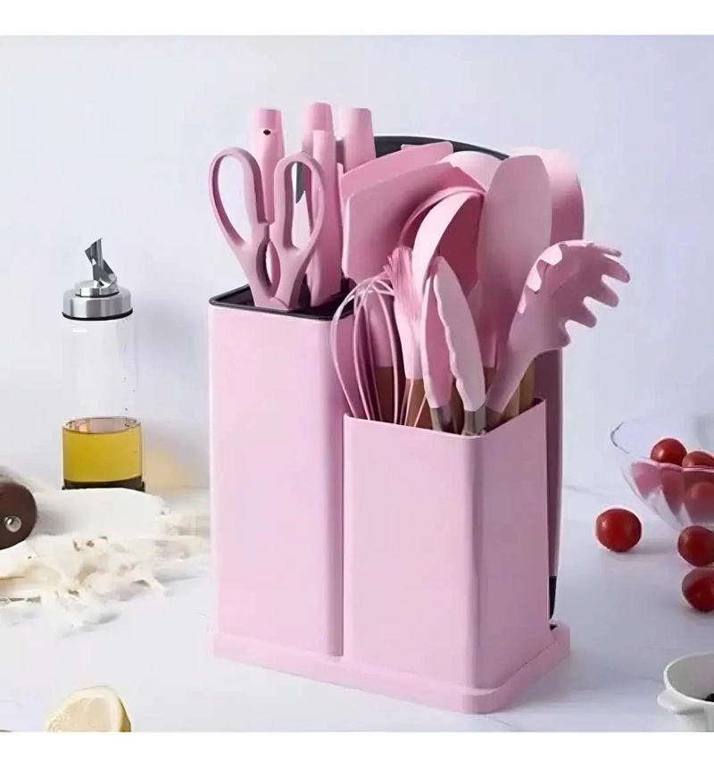 SET DE UTENSILIOS DE COCINA DE SILICONA CON 19 PIEZAS EN COLOR ROSA - 2
