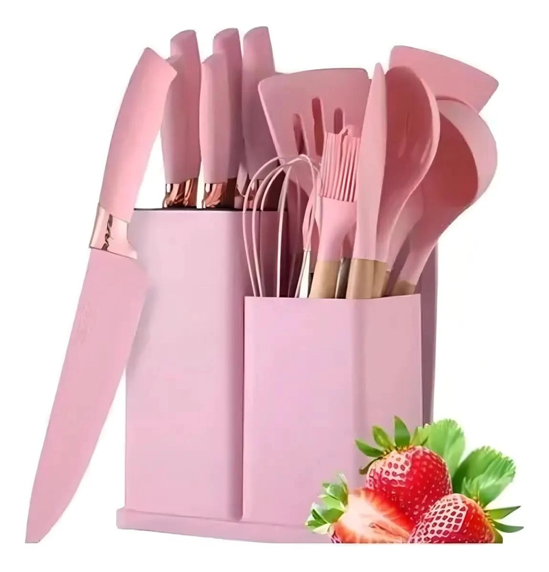 SET DE UTENSILIOS DE COCINA DE SILICONA CON 19 PIEZAS EN COLOR ROSA - 3