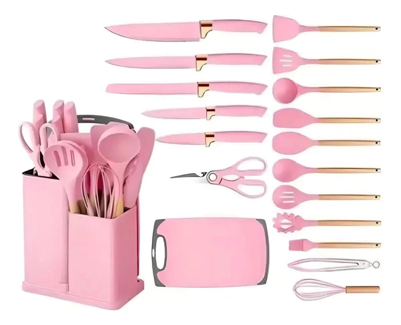 SET DE UTENSILIOS DE COCINA DE SILICONA CON 19 PIEZAS EN COLOR ROSA - 4