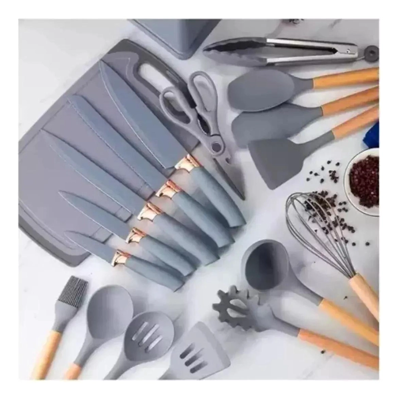 JUEGO DE UTENSILIOS DE COCINA DE SILICONA CON SOPORTE DE MADERA - 2