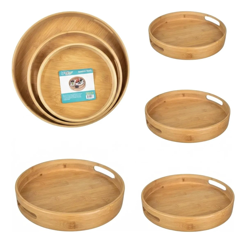 JUEGO DE 3 BANDEJAS DE BAMBU CON ASAS PARA SERVIR Y DECORAR - 1