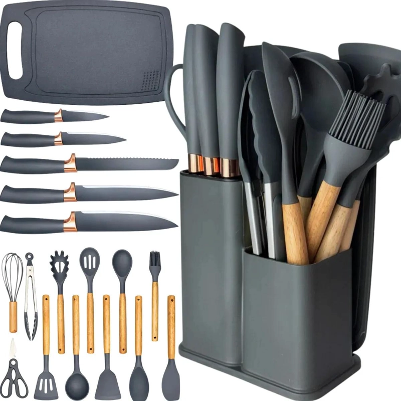 KIT COMPLETO DE HERRAMIENTAS DE SILICONA CON MANGO DE MADERA PARA COCINA - 1