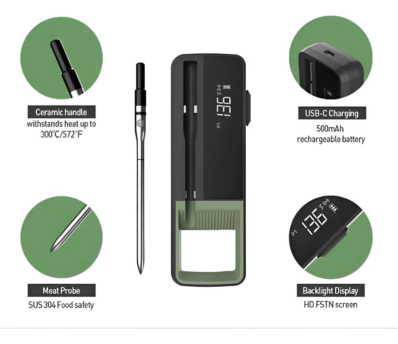 TERMOMETRO INALAMBRICO PARA CARNE CON CONEXION A CELULAR COLOR VERDE - 1