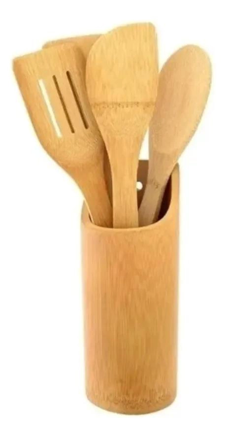 SET DE 4 UTENSILIOS DE COCINA DE BAMBU CON SOPORTE PRACTICO - 1