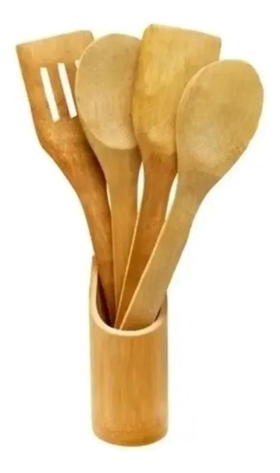 SET DE 4 UTENSILIOS DE COCINA DE BAMBU CON SOPORTE PRACTICO - 3