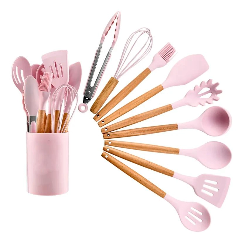 SET DE UTENSILIOS DE COCINA CON MANGO DE MADERA Y SILICONA 12 PIEZAS - 3