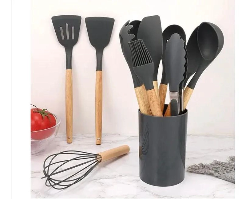SET DE UTENSILIOS DE COCINA DE SILICONA GRIS CON 12 PIEZAS - 1