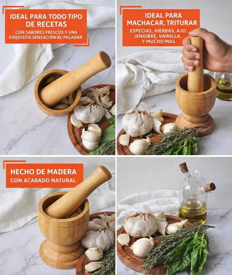 MORTERO DE MADERA GRANDE PARA HIERBAS Y AJOS CON DISEÑO ROBUSTO - 3