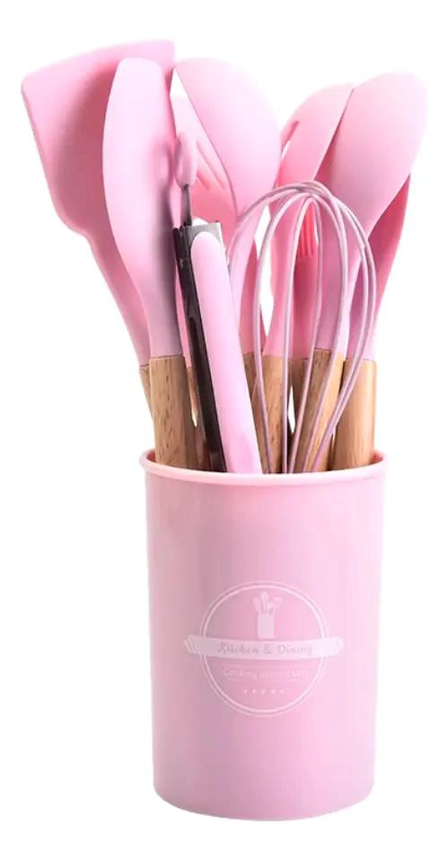 SET DE UTENSILIOS DE COCINA EN SILICONA Y MADERA CON ESPATULAS Y CUCHARONES - 1