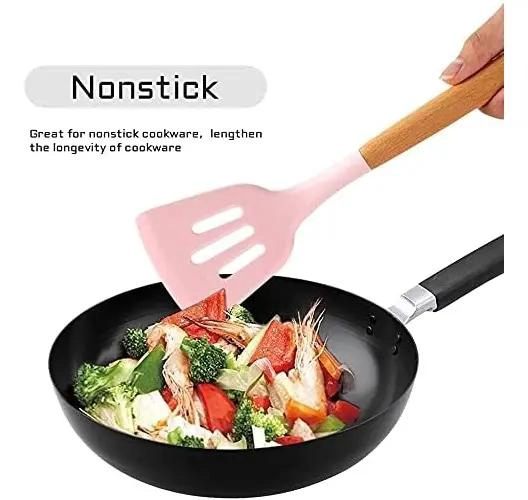 SET DE UTENSILIOS DE COCINA EN SILICONA Y MADERA CON ESPATULAS Y CUCHARONES - 3