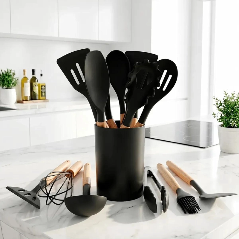 SET DE UTENSILIOS DE COCINA INICIAL CON SILICONA Y MANGO DE MADERA - 1