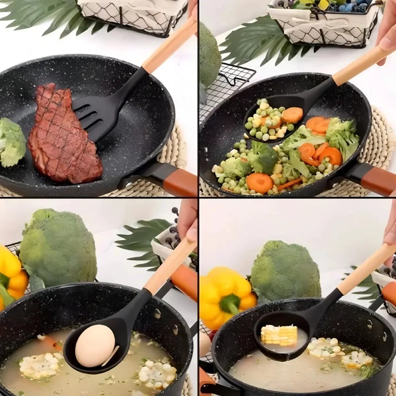 SET DE UTENSILIOS DE COCINA INICIAL CON SILICONA Y MANGO DE MADERA - 4