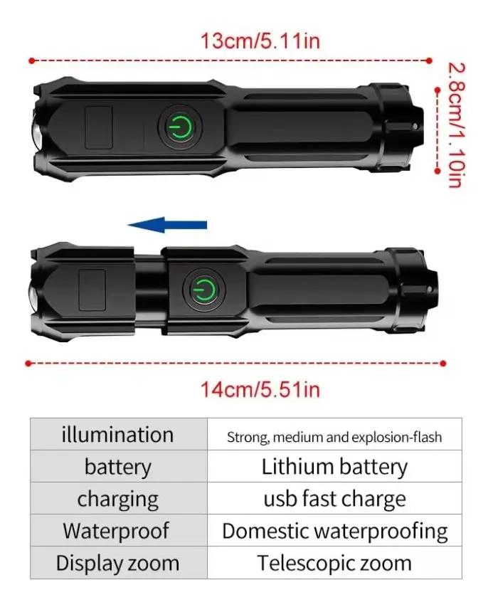 LINTERNA RECARGABLE USB TACTICA CON ZOOM Y ALTA POTENCIA - 2