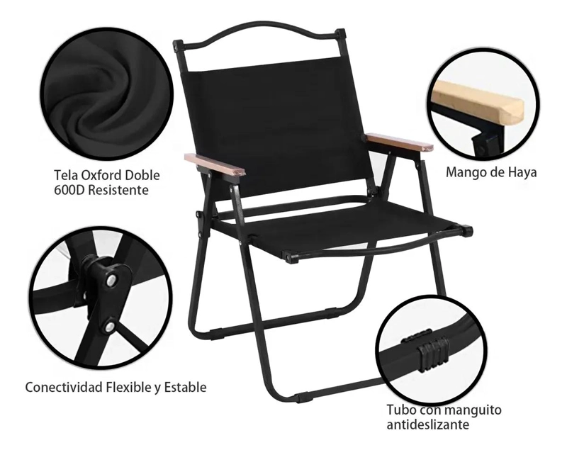 CONJUNTO DE 4 SILLAS PLEGABLES PARA CAMPING Y PLAYA CON TELA OXFORD NEGRA Y ALTA - 4