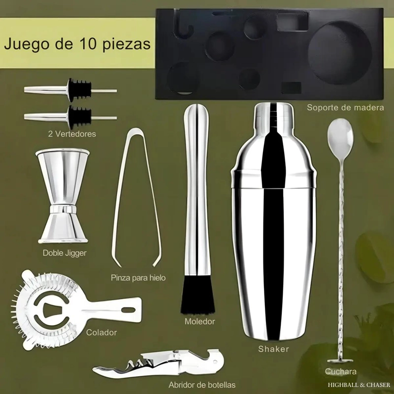 KIT COMPLETO DE COCTELERA INOXIDABLE CON 10 PIEZAS PARA BARTENDER - 2