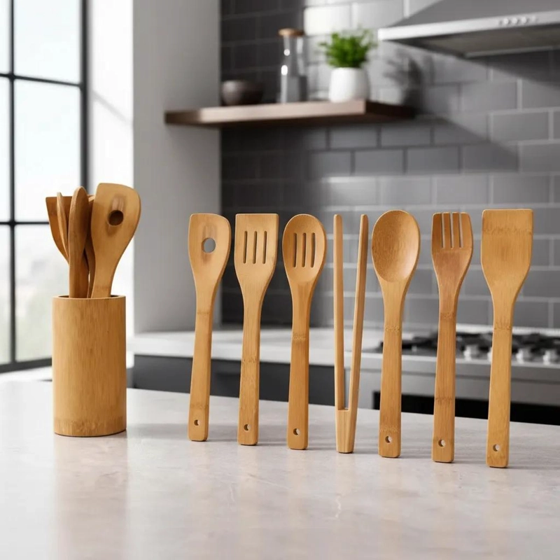 SET DE 7 UTENSILIOS DE COCINA EN BAMBU Y MADERA NATURAL RESISTENTE - 1