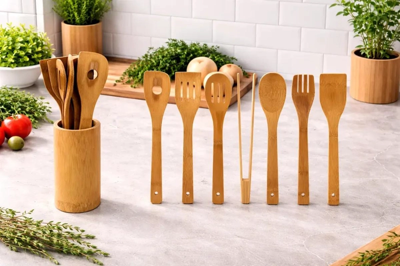 SET DE 7 UTENSILIOS DE COCINA EN BAMBU Y MADERA NATURAL RESISTENTE - 2