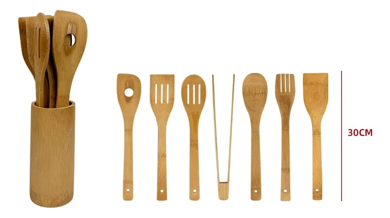 SET DE 7 UTENSILIOS DE COCINA EN BAMBU Y MADERA NATURAL RESISTENTE - 4