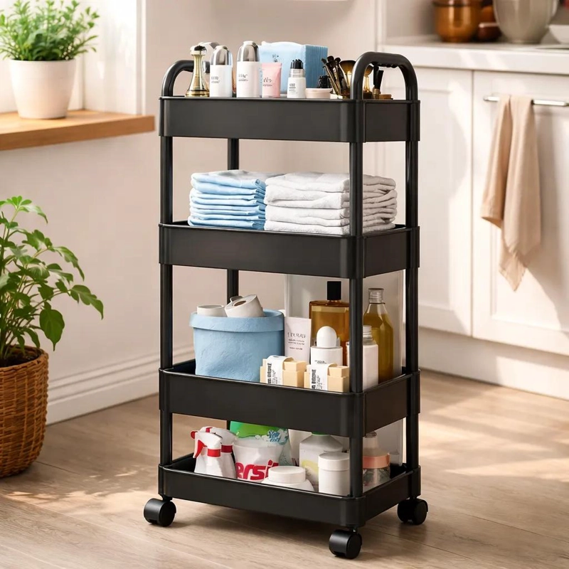 CARRITO ORGANIZADOR CON RUEDAS 4 NIVELES ESTANTE NEGRO MULTIUSOS - 1