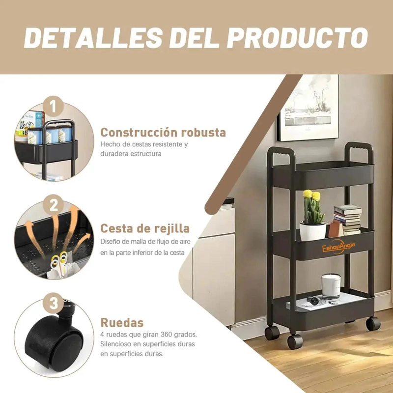 CARRITO ORGANIZADOR MULTIUSO CON RUEDAS Y ASAS DE 3 NIVELES COLOR - 2