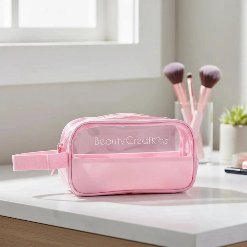 BOLSO COSMETIQUERO PEQUEÑO TRANSPARENTE COLOR ROSA PARA MAQUILLAJE - 2