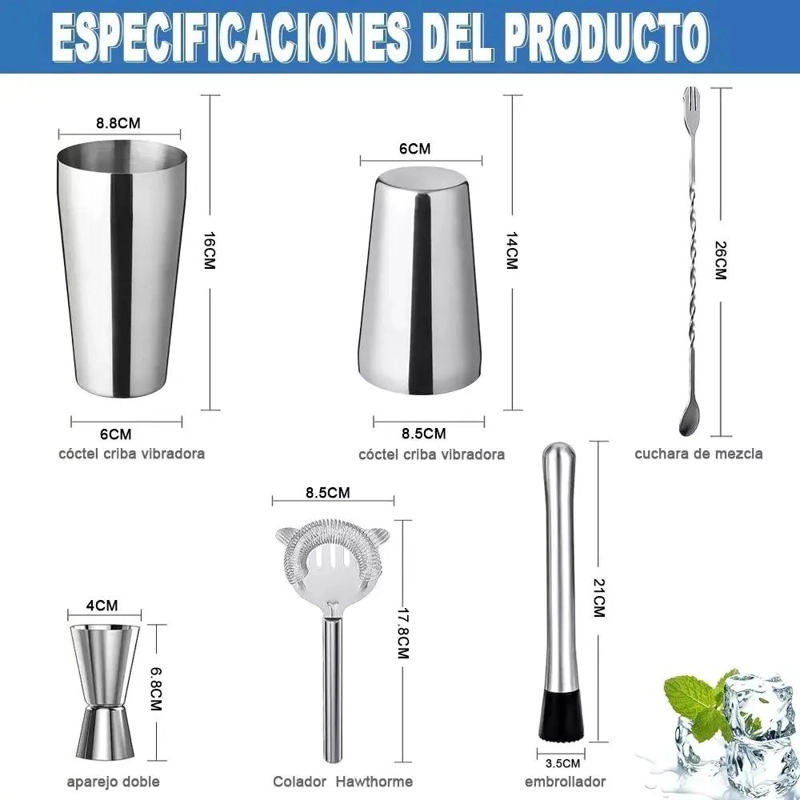 KIT COMPLETO PARA COCTELERIA CON COCTELERA BOSTON Y JIGGER - 2