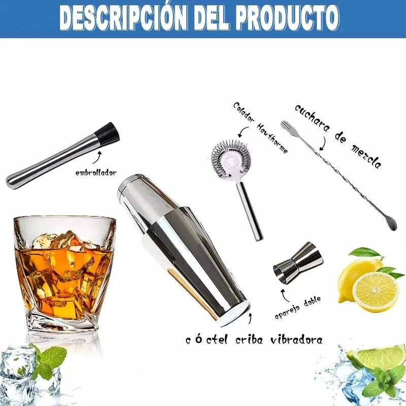KIT COMPLETO PARA COCTELERIA CON COCTELERA BOSTON Y JIGGER - 3