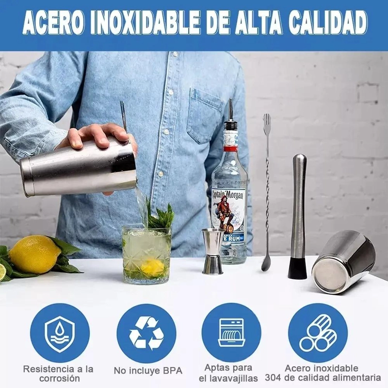 KIT COMPLETO PARA COCTELERIA CON COCTELERA BOSTON Y JIGGER - 5
