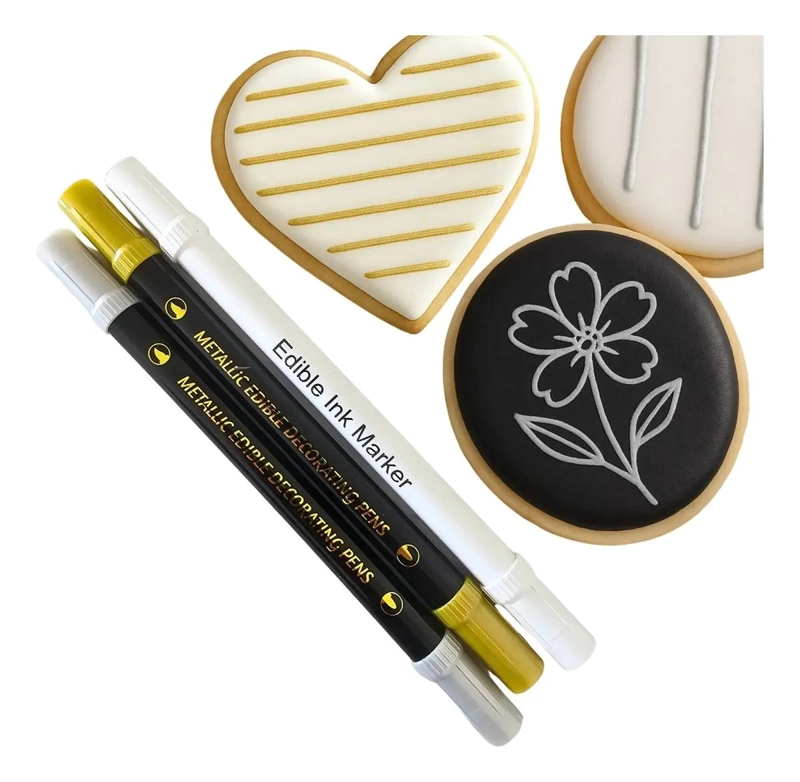 SET DE 3 LAPICES PLUMONES COMESTIBLES EN COLORES PLATEADO, DORADO Y BLANCO - 1